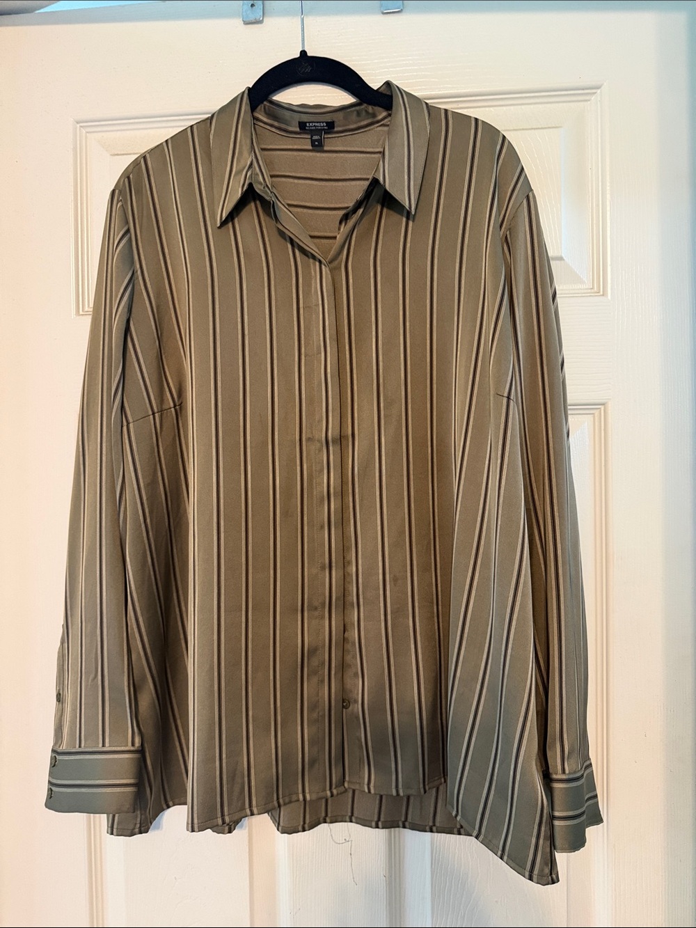Express Olive Green Striped Button-Down Blouse
